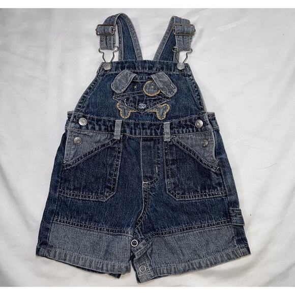 Miniwear Baby Overalls Size 3/6 Months Blue Puppy Denim Shortfalls Vintage 90s - Picture 1 of 10